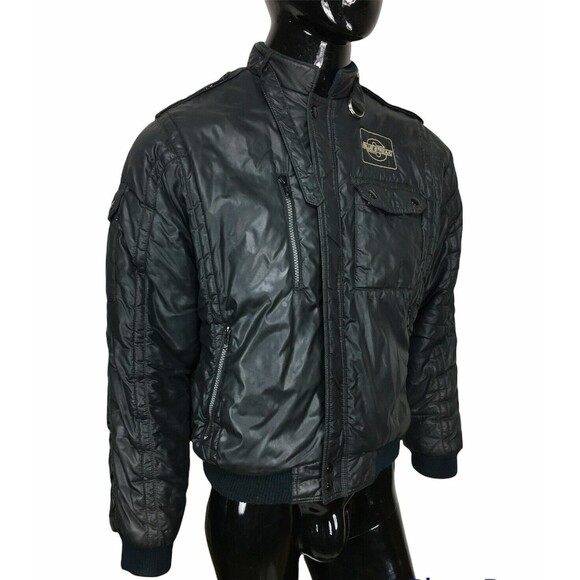 Vintage 80s MVP Blue Streak Men's Black Racing Cafe Bomber Jacket Size Small - Picture 1 of 12